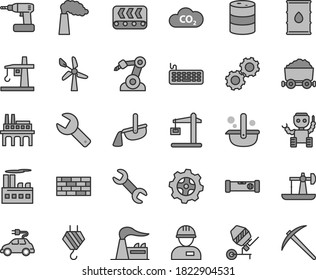 Thin line gray tint vector icon set - repair key vector, workman, brickwork, hook, concrete mixer, cordless drill, construction level, oil derrick, wind energy, manufacture, factory, barrel, gear