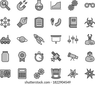Thin line gray tint vector icon set - cradle vector, jar, flask, telescope, glasses, gears, settings, satellite, bactery, book, biohazard, oscilloscope, magnet, scientist, clipboard, calculator