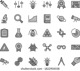 Thin line gray tint vector icon set - pie chart vector, brickwork, flask, microscope, telescope, molecule, electricity, glasses, nuclear, zoom, dna, bulb, gears, settings, bactery, book, biohazard