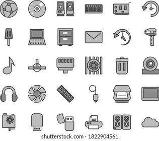 Thin line gray tint vector icon set - bedside table vector, plummet, popsicle, calipers, notebook pc, fan, radiator, keyboard, power supply, memory, card, web camera, cd, printer, scanner, usb flash