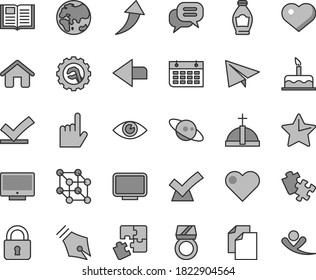 Thin line gray tint vector icon set - heart symbol vector, left direction, paper airplane, clean, cake, Puzzle, Puzzles, house, star gear, lock, index finger, eye, book, screen, bottle, planet