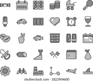 Thin Line Gray Tint Vector Icon Set - Heart Symbol Vector, Calendar, Alarm Clock, Purse, Chest Of Drawers, Nipple, Baby Carriage, Kick Scooter, Window Frame, Building Level, Key, Sausage, Fish, Pear