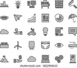 Thin line gray tint vector icon set - image of thought vector, minus, pie chart, chest drawers, nappy, concrete mixer, new roller, bulb, building block, eye, umbrella, plate, windmill, three gears