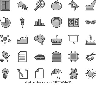 Thin line gray tint vector icon set - zoom vector, pie chart, car child seat, teddy bear, cake, concrete mixer, window, umbrella, notes, piece of, torte, tomato, Chinese chopsticks, half coconut