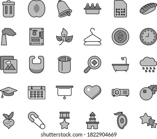 Thin line gray tint vector icon set - heart symbol vector, zoom, bib, safety pin, rainy cloud, bath, bell, picture, hanger, japanese sushi, blueberries, half of mango, peach, beet, leaves, pipes