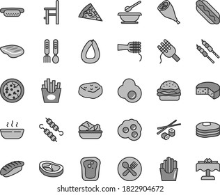 Thin line gray tint vector icon set - plates and spoons vector, a chair for feeding, iron fork, stick of sausage, cheese, pizza, piece, Hot Dog, mini, burger, spaghetti, noodles, porridge, bacon