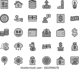 Thin line gray tint vector icon set - purse vector, dollar, coins, column of, denomination the, article on, financial item, catch a coin, wallet, dollars, cash, money bag hand, rain, mortgage, gear