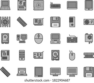 Thin line gray tint vector icon set - laptop vector, monitor, keyboard, screen, processor, computer, tablet pc, notebook, radiator fan, mouse, power supply, tower, motherboard, memory, card, hdd