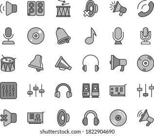 Thin line gray tint vector icon set - bell vector, desktop microphone, horn, loudspeaker, silent mode, drumroll, drum, headphones, CD, regulator, volume, no sound, phone call, megaphone, pc card