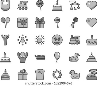 Thin line gray tint vector icon set - heart symbol vector, toys over the cradle, bib, rubber duck, baby duckling, toy train, children's, colored air balloons, balloon, cake, birthday, gift, Easter