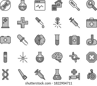 Thin line gray tint vector icon set - mark of injury vector, spectacles, first aid kit, plus, electronic thermometer e, bag a paramedic, medical, arm saw, estimate, cardiogram, round flask, mercury