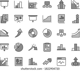 Thin line gray tint vector icon set - growth up vector, pie chart, bar, graph, negative, histogram, cardiogram, recession, a crisis, statistical report, scheme, hierarchical, article on the dollar