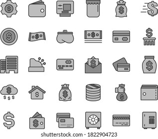 Thin line gray tint vector icon set - bank card vector, purse, dollar, buildings, strongbox, cards, jam, reverse side of a, front the, column coins, denomination, wallet, money, dollars, cash, rain