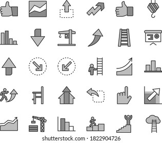 Juego de iconos vectoriales de tono gris de línea delgada - vectores de dirección ascendente, descendente, crecimiento superior, gráfico de línea, histograma positivo, una silla para alimentación, grúa, torre, gancho, pasarela, flecha inferior izquierda, pulgar, barra