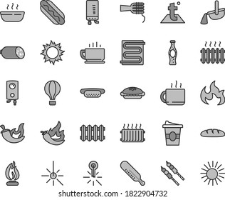 Thin line gray tint vector icon set - mercury thermometer vector, heating coil, temperature, new radiator, boiler, electronic, coffee, sausage, loaf, Hot Dog, mini, noodles, pie, porridge, barbecue