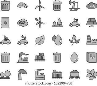 Thin line gray tint vector icon set - bin vector, dust, drop, bag with handles, solar panel, working oil derrick, leaves, leaf, windmill, wind energy, manufacture, factory, hydroelectric station