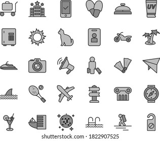 Thin line gray tint vector icon set - hang glider vector, motorcycle, backpacker, passenger, plane, phone registration, hotel, sun, uv cream, palm tree, cocktail, disco ball, pool, flippers, baggage
