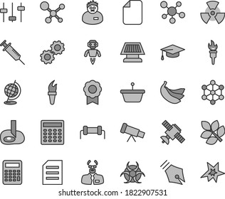 Thin line gray tint vector icon set - bananas vector, pan, file, telescope, molecule, nuclear, gears, settings, satellite, biohazard, globe, scientist, graduate hat, calculator, medal, robot, bang
