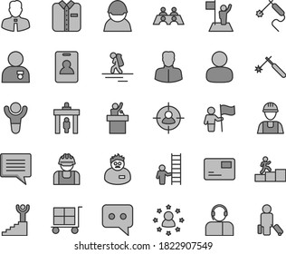 Thin line gray tint vector icon set - image of thought vector, cargo trolley, builder, employee, pass card, operator, folded shirt, racer, welding, gas, woman, man, in sight, think, conversation