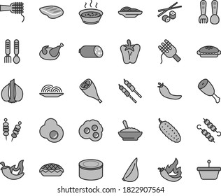 Thin line gray tint vector icon set - plastic fork spoons vector, iron, sausage, canned goods, fried vegetables on sticks, onion, slices of, spaghetti, noodles, pie, apple, a bowl buckwheat porridge