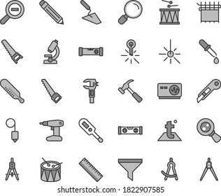 Thin line gray tint vector icon set - graphite pencil vector, yardstick, zoom out, electronic thermometer e, mercury, drumroll, drum, trowel, drill, hand saw, arm, construction level, building