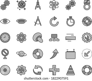Thin line gray tint vector icon set - prohibition vector, renewal, plus, minus, clockwise, stacking toy, cogwheel, gear, left bottom arrow, eye, timer, CD, porcini, plate, accumulator, gears, scheme