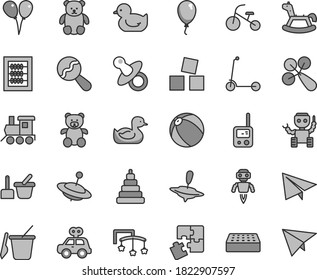 Thin line gray tint vector icon set - paper airplane vector, toys over the cot, dummy, new abacus, beanbag, baby rattle, rubber duck, duckling, bath ball, stacking toy, motor vehicle present, phone