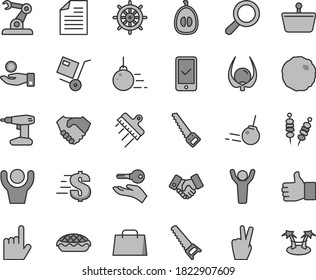 Thin line gray tint vector icon set - scribbled paper vector, magnifier, dollar, big core, drill, hand saw, arm, spatula, index finger, shipment, fried vegetables on sticks, apple pie, cabbage, bag