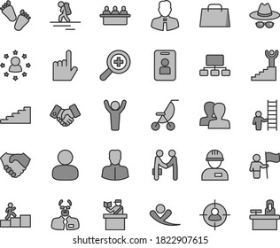Juego de iconos vectoriales de tono gris de línea delgada - zoom vector, mujeres, sombrero con gafas, coche de verano, huellas para niños, trabajador, empleado, dedo índice, audiencia judicial, mujer, hombre, a la vista, esquema, bolsa