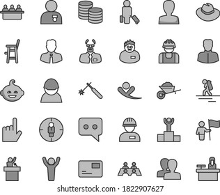 Thin line gray tint vector icon set - woman vector, women, hat, a chair for feeding child, funny hairdo, workman, garden trolley, employee, index finger, pass card, coins, racer, builder, welding