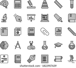 Thin line gray tint vector icon set - clip vector, graphite pencil, yardstick, calculator, book, new abacus, stacking rings, e, books, drawing, round flask, scribed compasses, text highlighter