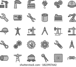 Thin line gray tint vector icon set - repair key vector, tower crane, hook, cogwheel, adjustable wrench, construction helmet, gear, working oil derrick, manufacture, hydroelectricity, power line