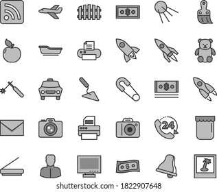 Juego de iconos vectoriales de tono gris de línea delgada - vector de campana, monitor, cámara, sobre, alimentación de rss, pin de seguridad, baño, oso de peluche pequeño, traviesa de construcción, pincel de plástico, valla, coche, 24, satélite artificial, mermelada