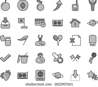 Thin line gray tint vector icon set - wind direction indicator vector, check mark, dummy, toy phone, children's sand set, colored air balloons, passport, put in a box, delete page, planet, move down