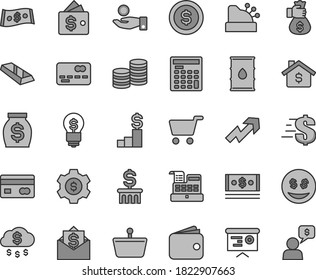 Thin line gray tint vector icon set - growth up vector, dollar, oil, shopping cart, basket, reverse side of a bank card, front the, coins, catch coin, wallet, money, cash, engineer calculator, rain