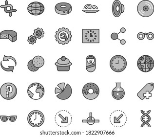 Thin line gray tint vector icon set - sign of the planet vector, clock face, renewal, loudspeaker, add label, question, roly poly doll, star gear, left bottom arrow, CD, right, cheese, onion, muffin