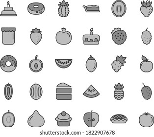 Thin line gray tint vector icon set - birthday cake vector, muffin, piece of, slice, torte, with a hole, glazed, apple pie, jam, strawberries, pomegranate, grape, apricot, tasty, raspberry, fig