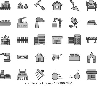 Thin line gray tint vector icon set - box of bricks vector, tower crane, dwelling, big core, building trolley, trowel, concrete mixer, cordless drill, level, buildings, city block, ceramic tiles