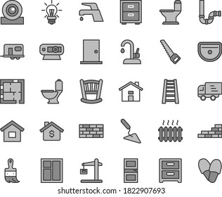 Thin line gray tint vector icon set - house vector, bedside table, cradle, dwelling, brickwork, brick wall, building trowel, window, arm saw, wooden paint brush, stepladder, sink, toilet, siphon