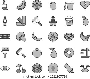 Thin line gray tint vector icon set - paint roller vector, children's sand set, bucket, new, color samples, wooden brush, broken heart, eye, porcini, bottle of soda, orange slice, cherry, pear, kiwi