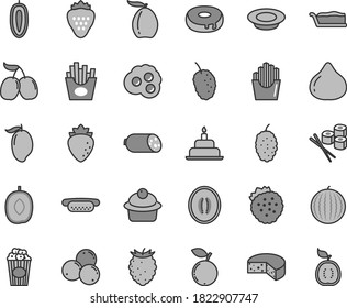 Thin line gray tint vector icon set - birthday cake vector, sausage, cheese, mini hot dog, muffin, slice, with a hole, plate of milk, French fries, fried potato slices, sushi set, cup popcorn, fig