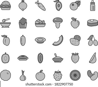 Thin line gray tint vector icon set - feeding bottle vector, deep plate with a spoon, burger, mushroom, pie, bowl of buckwheat porridge, lettuce in, milk, cabbage, garlic, carrot, blueberries, ripe