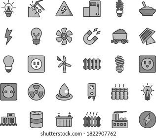 Thin line gray tint vector icon set - danger of electricity vector, saving light bulb, power socket type b, lightning, radiator, new, boiler, a bowl buckwheat porridge, marine propeller, coal mining