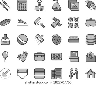 Thin line gray tint vector icon set - diaper vector, bath ball, balloon, paint roller, suitcase, buildings, brick, spatula, left bottom arrow, picture, put in a box, size, barbecue, sushi, japanese
