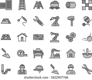 Thin line gray tint vector icon set - house vector, workman, brickwork, trowel, building, concrete mixer, long meashuring tape, stepladder, ladder, siphon, city block, tile, helmet, paving slab