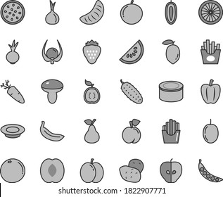 Thin line gray tint vector icon set - canned goods vector, mushroom, a plate of milk, cucumber, beet, carrot, French fries, fried potato slices, strawberry, pear, peach, apple, tasty, half, lemon