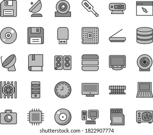 Thin line gray tint vector icon set - camera vector, floppy disk, electronic thermometer e, screen, lens, processor, satellite dish, antenna, wall watch, computer, notebook pc, radiator fan, tower