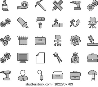 Thin line gray tint vector icon set - paint roller vector, monitor window, clean sheet of paper, gears, adjustable wrench, cordless drill, measuring tape, wooden brush, portfolio, drawing, plummet
