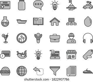Thin line gray tint vector icon set - remove label vector, bath, house, workman, speech, book, headphones, earth, suitcase, move left, burger, chili, lime, electric car, jar, kiosk, filter, scheme
