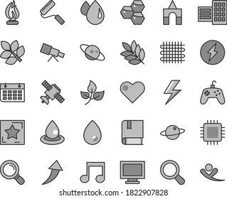 Thin line gray tint vector icon set - lightning vector, monitor window, box of bricks, e, new roller, city block, heart, drop, planet, honeycombs, leaves, weaving, oil, wall calendar, cpu, magnifier